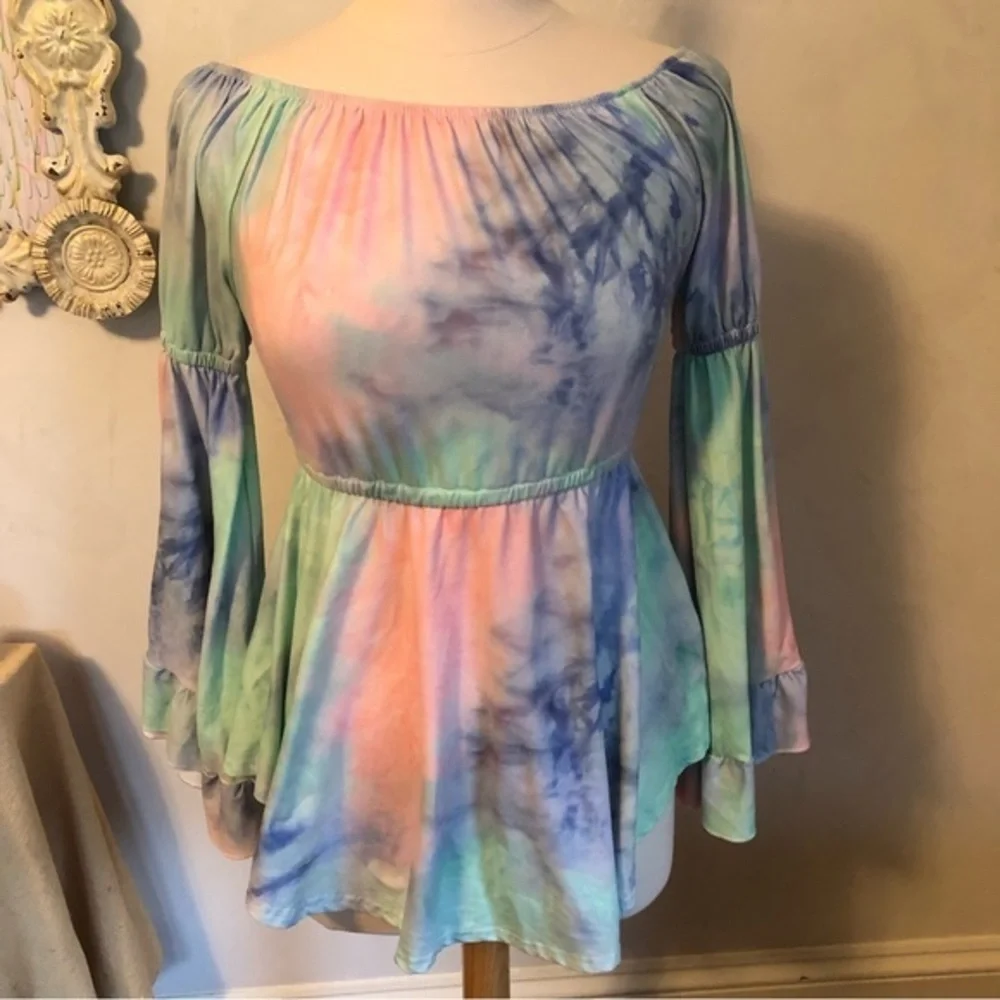 Girls tie dyed pink top w/elastic waist & upper arms w/ long ruffle bell sleeves